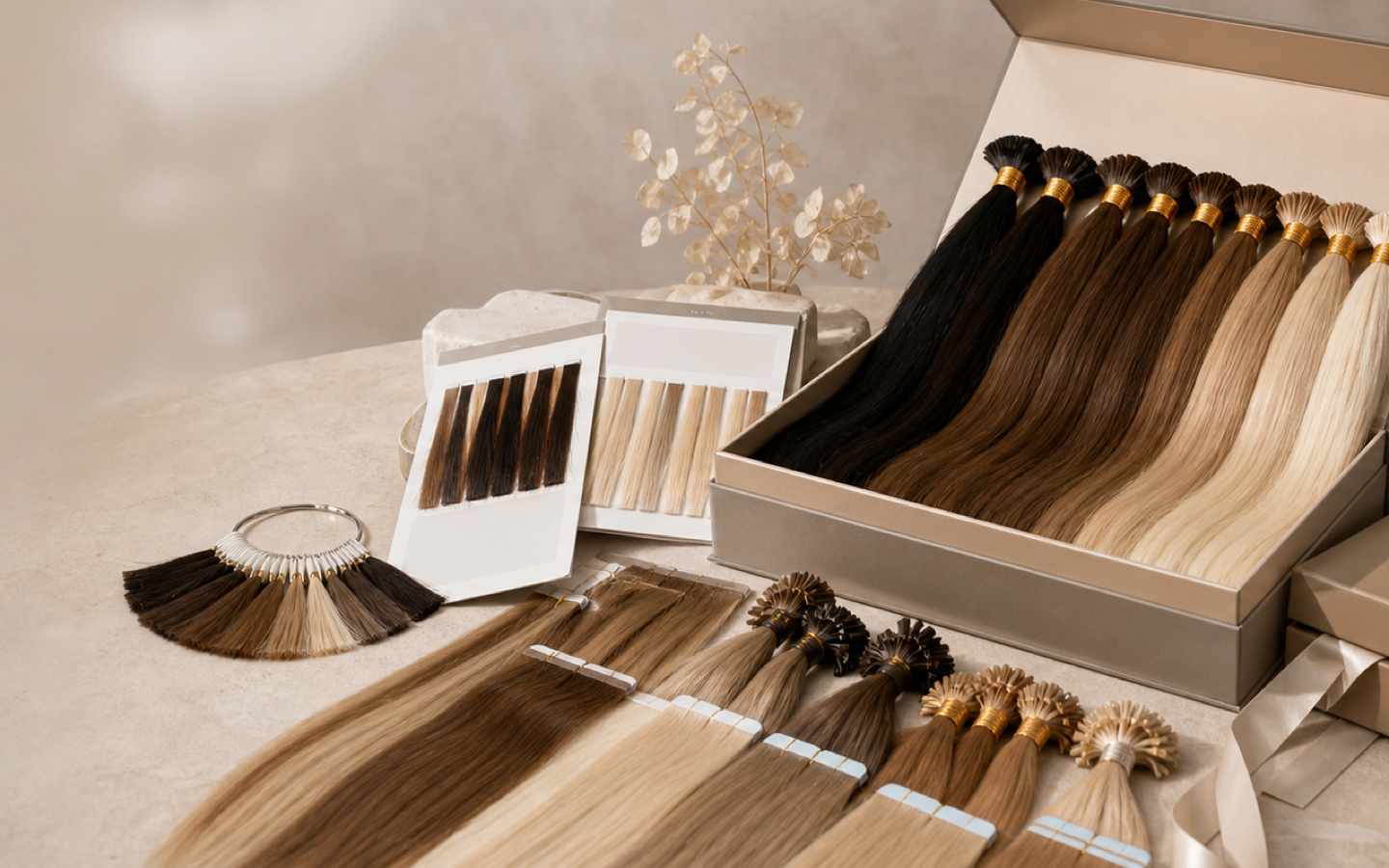 Human hair extension sample kit and colour swatches